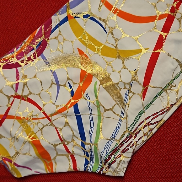 La Bes Multicolor abstract print gold metallic accents leggings sz.XS EUC - Picture 8 of 8